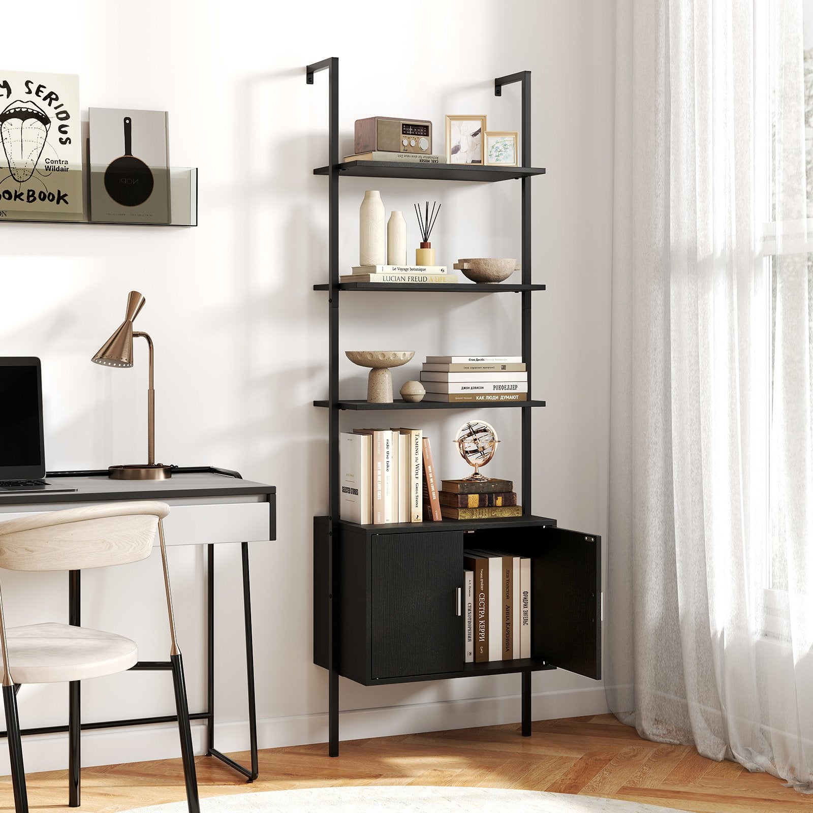 72.5 Inch Tall Bookshelf with Cabinet Anti-Tipping Kits and Metal Frame-Black