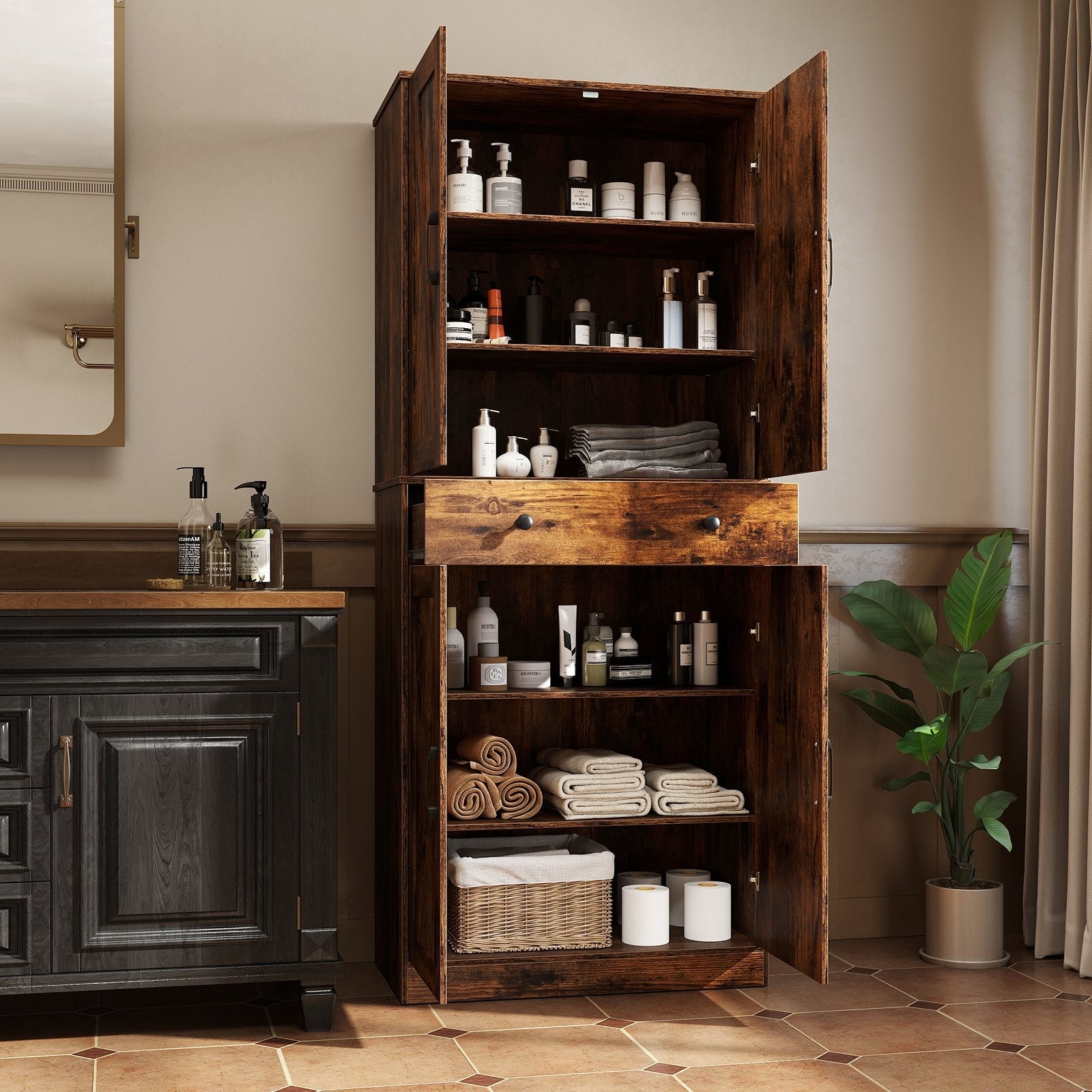 72 Inch Tall Modern Farmhouse Cupboard Cabinet with 4 Barn Doors-Coffee