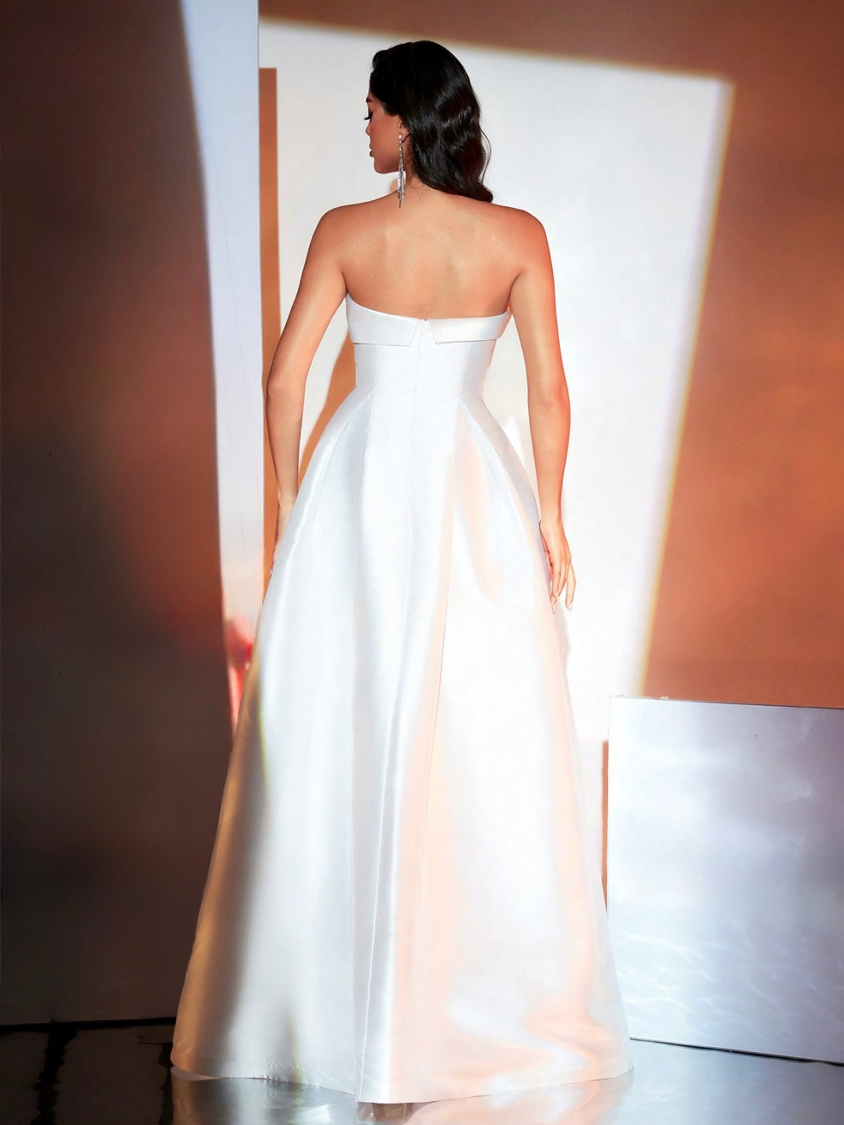 Strapless Taffeta Puffy Maxi Dress - White