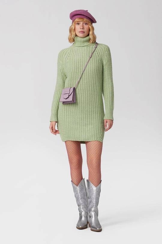 Turtle Neck Knit Jumper Mini Dress with Side Slits - Mint