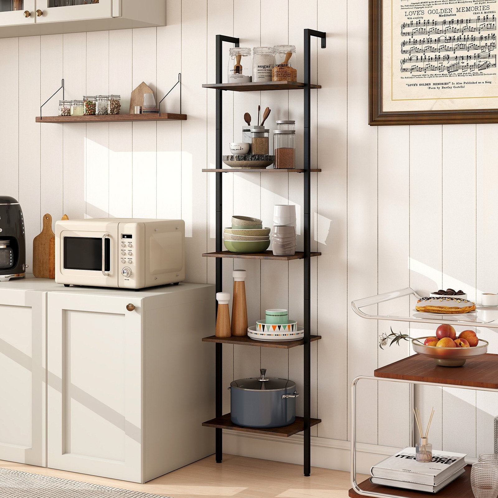 5 Tier Wall Mount Ladder Shelf with Anti-Tipping Kits for Home Office-Rustic Brown