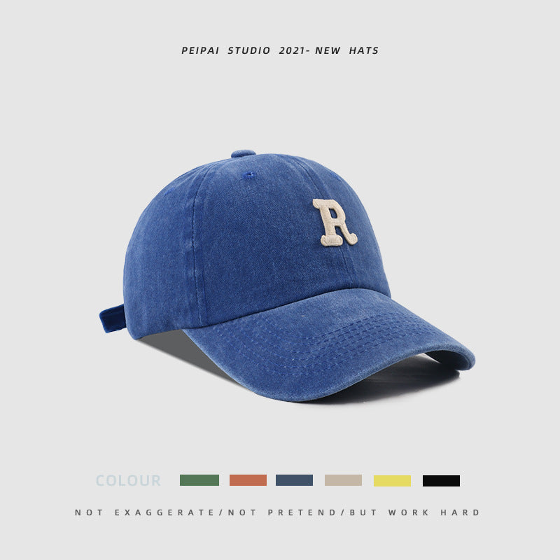 Washed Letter R Stick Ball Cap Casual Patch Sun Hat