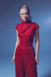 Glittery Mock Collar Bodysuit - Red