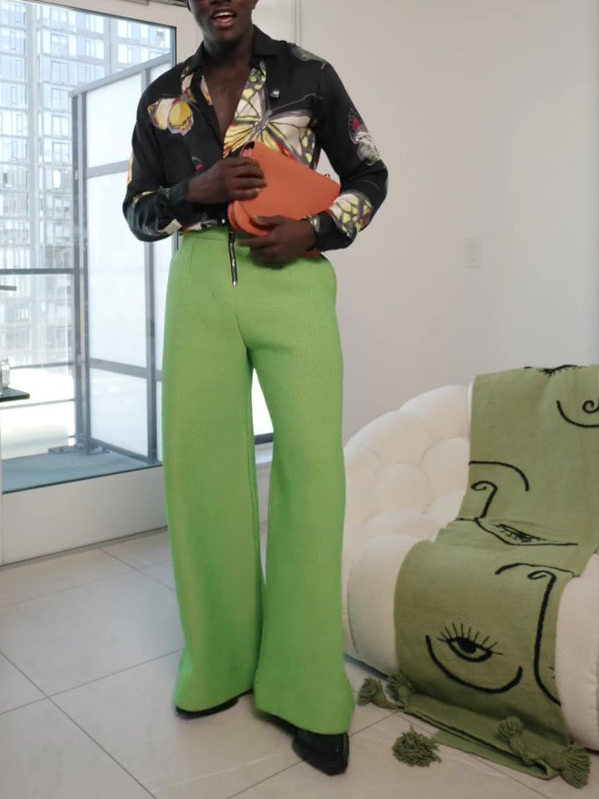Lime Green Wide-Leg Pants With Zipper Detail