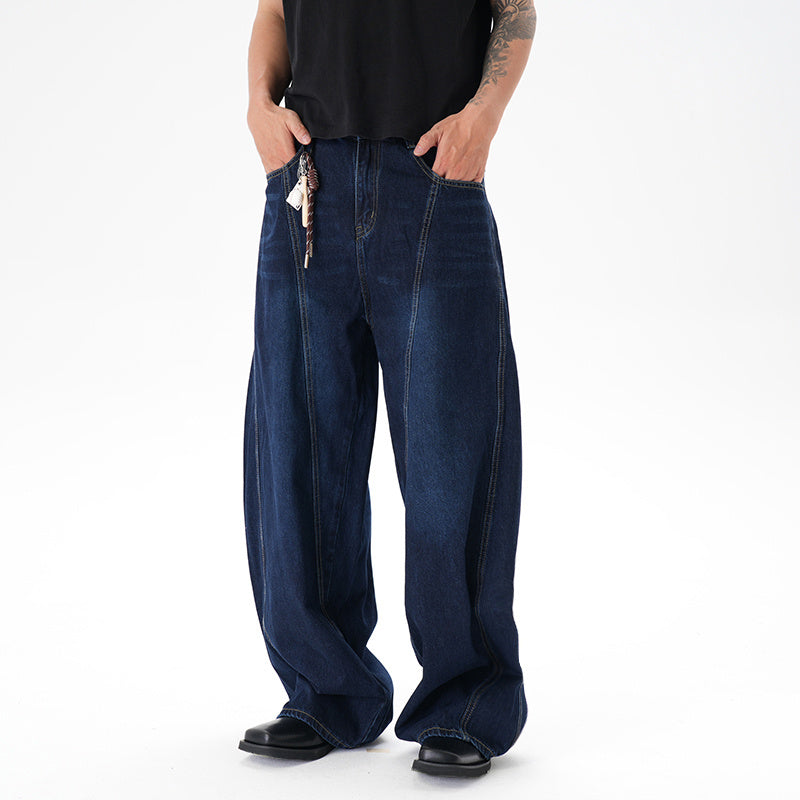 Washed Distressed Dark Blue Wide Leg Machete Jeans