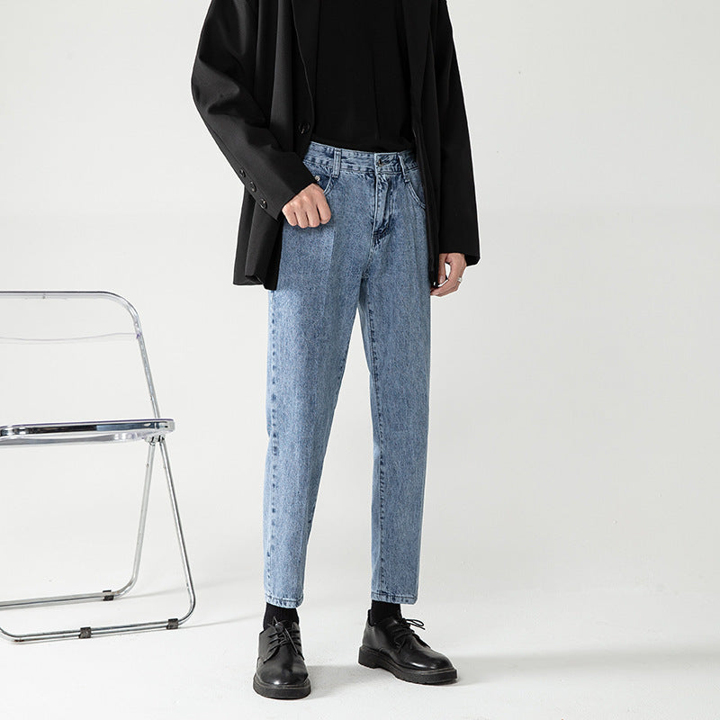 Men's Loose Straight Light Blue Cropped Pants