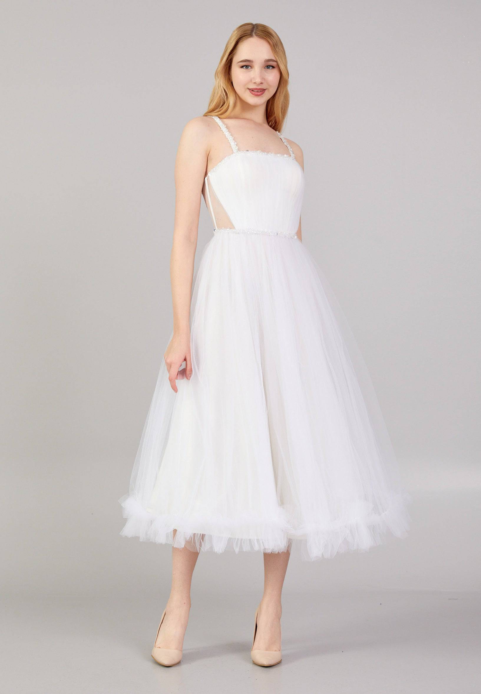 Sleeveless Spaghetti Strap Midi Tulle A - Line Cocktail Dress - White
