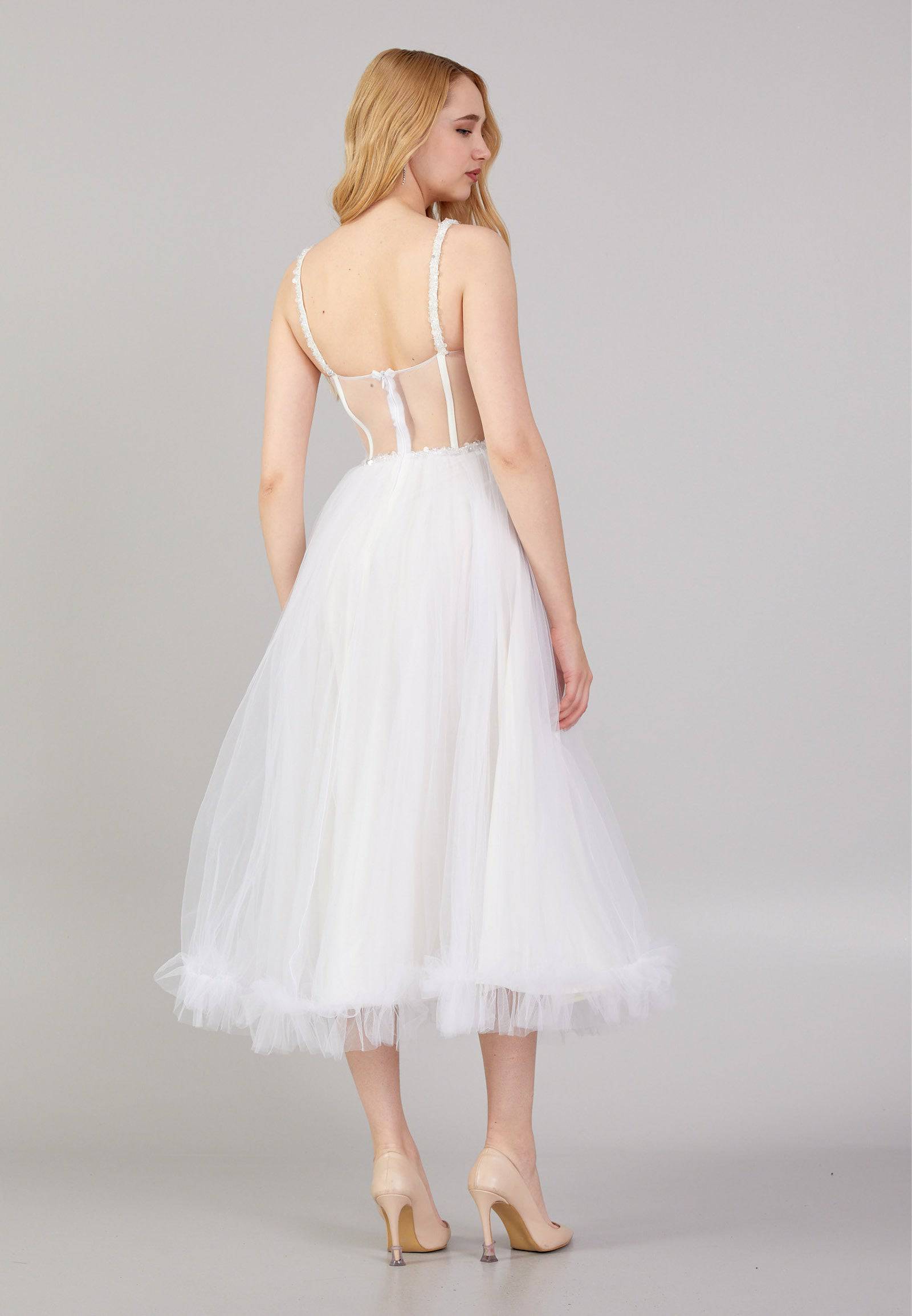 Sleeveless Spaghetti Strap Midi Tulle A - Line Cocktail Dress - White