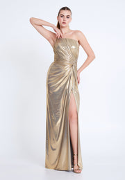 Gold Metallic Strapless Gown with Slit – Evening Dress