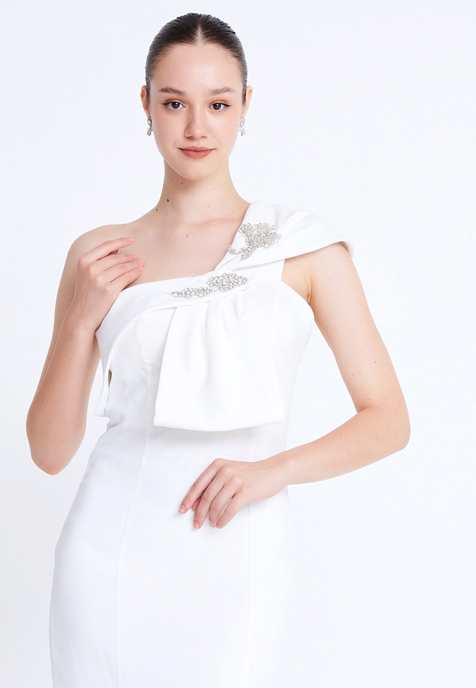 Elegant White One-Shoulder Midi Dress – Bridal & Civil Ceremony Look