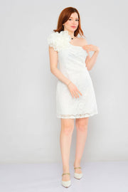 Short One Shoulder Lace Dress with Big Flower - White