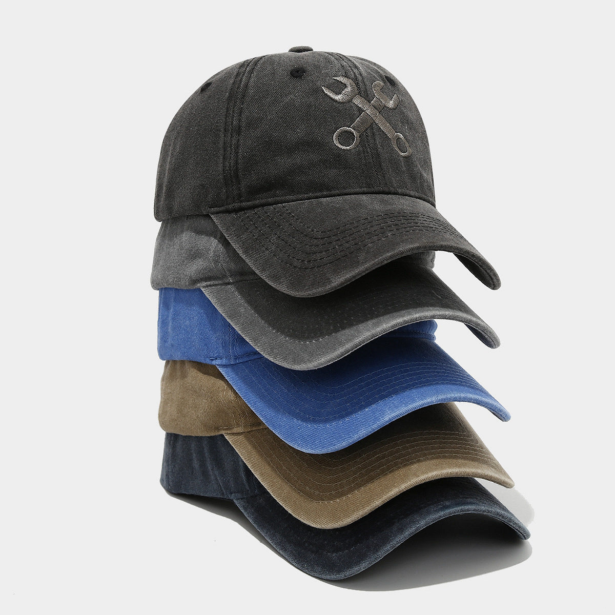 Vintage Distressed Wrench Repairman Hat Soft Top Breathable Washed Peaked Cap