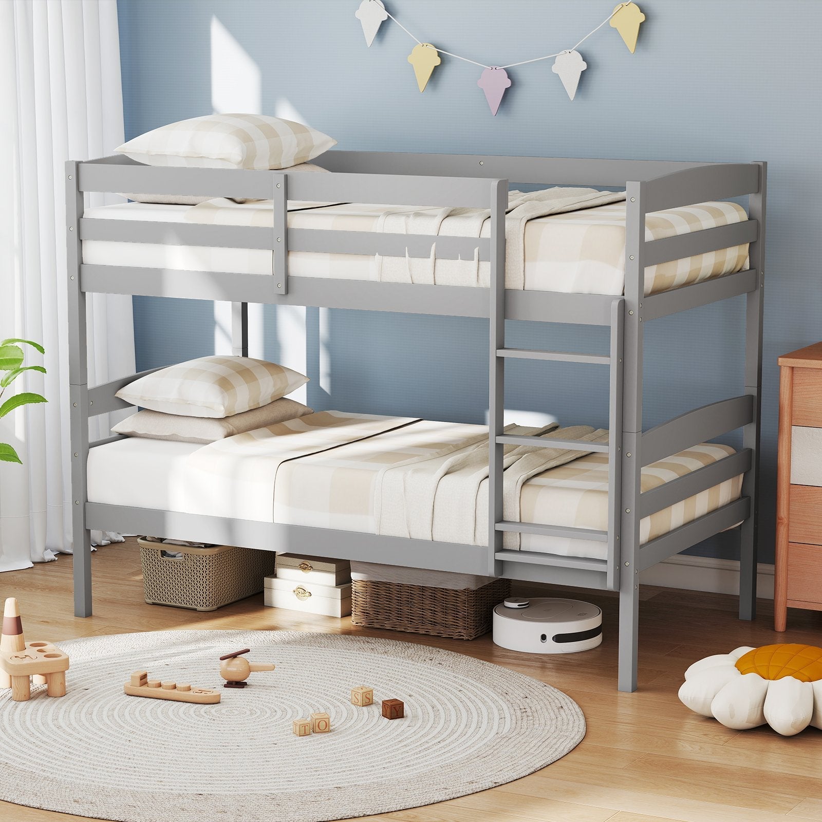 Solid Wood Twin Over Twin Bunk Bed Frame with High Guardrails and Integrated Ladder-Espresso