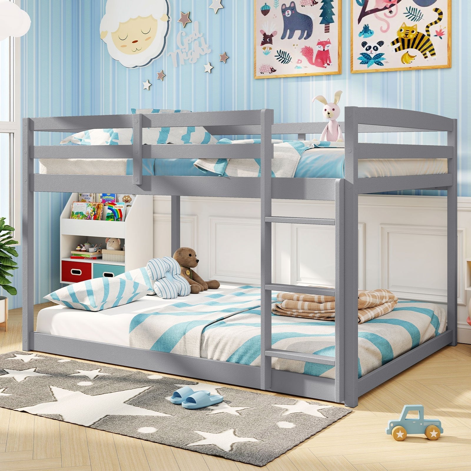 Full Over Full Bunk Bed Low-to-ground Bunk Bed-Gray