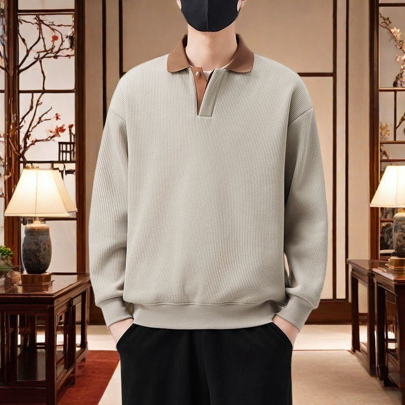 Fleece-lined V-neck Long Sleeve Casual Men's Clothing Polo Collar Top