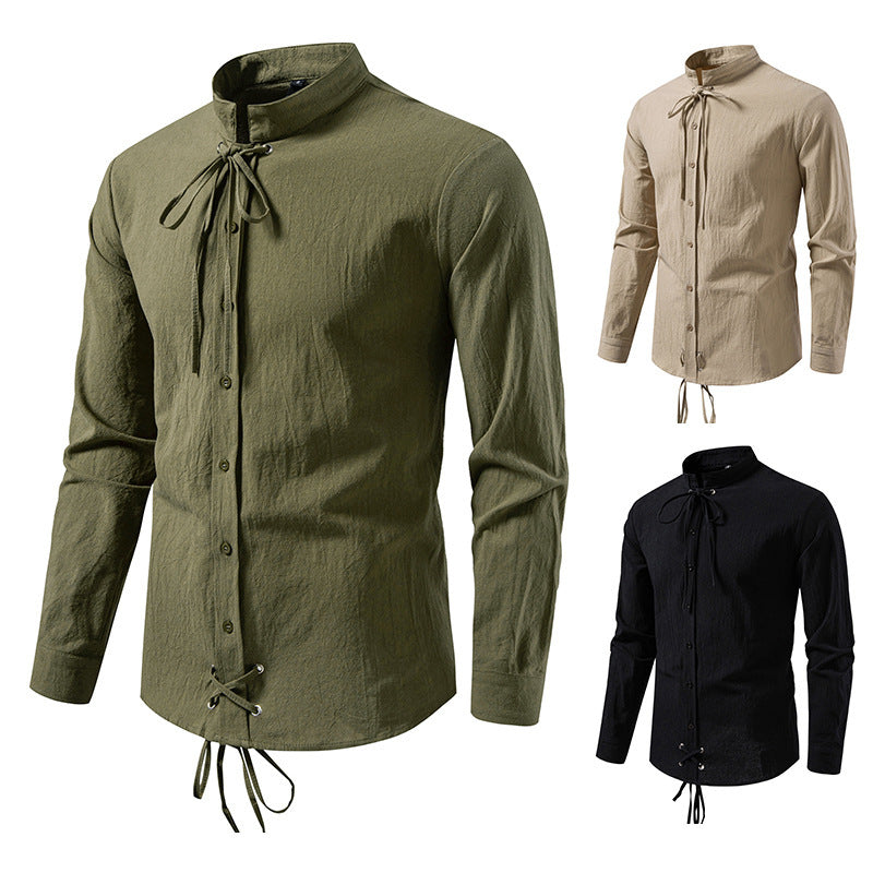 Pirate Drawstring Men's Cotton And Linen Long Sleeve European Size Shirt