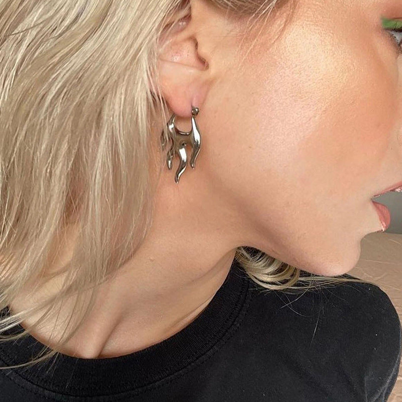Personality Flame Ear Clip Exaggerated Metallic Earrings High Sense