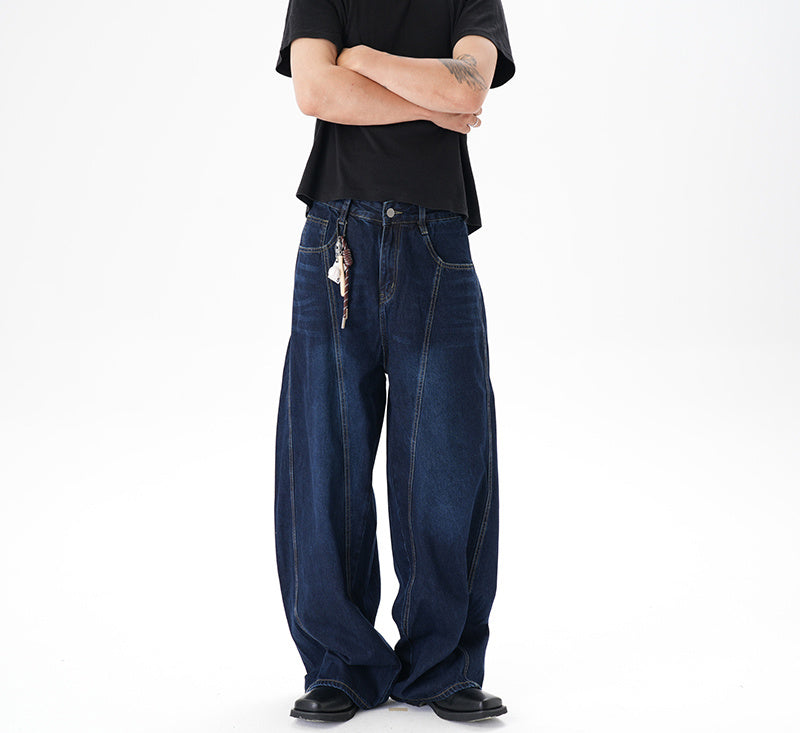 Washed Distressed Dark Blue Wide Leg Machete Jeans