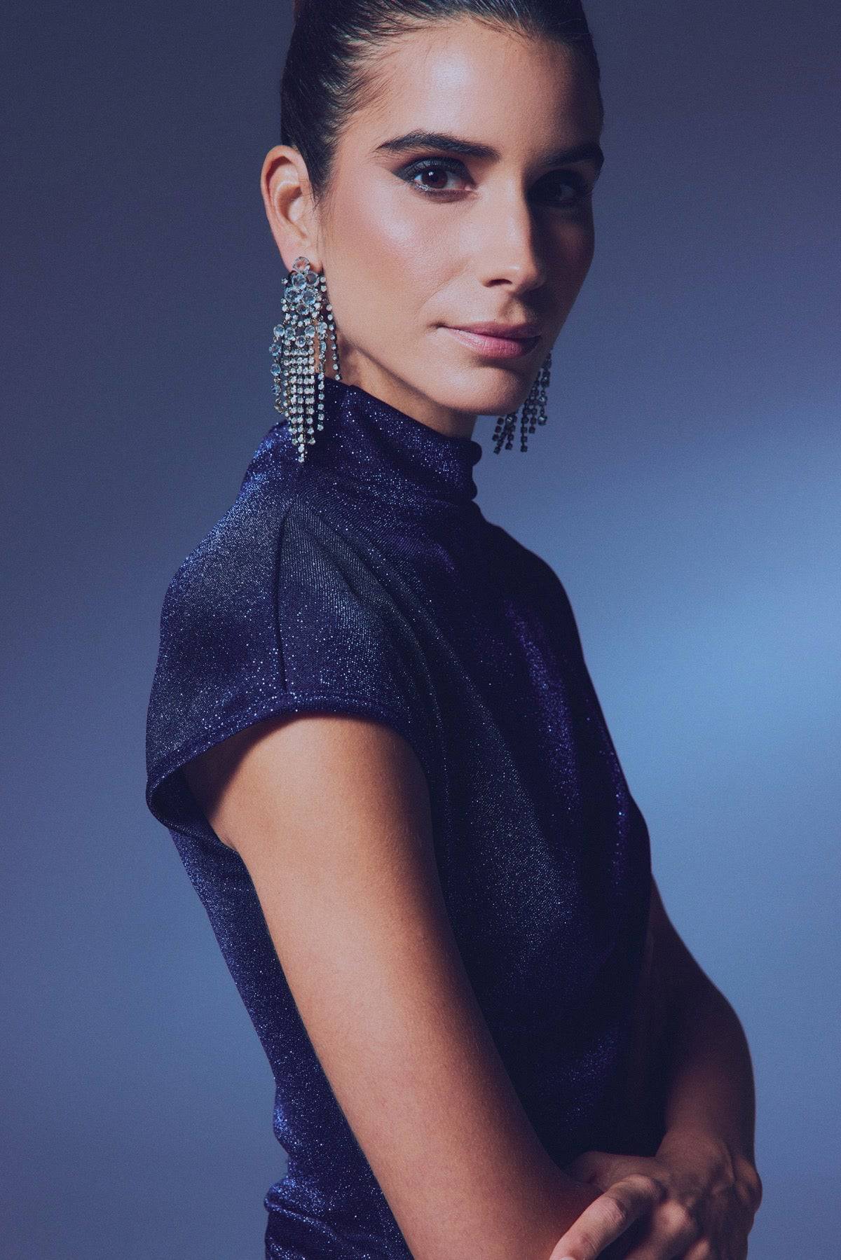 Glittery Mock Collar Bodysuit - Navy Blue