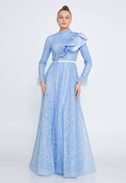 Modest Lace Full Sleeve Ruffle Neck Long Dress - Baby Blue