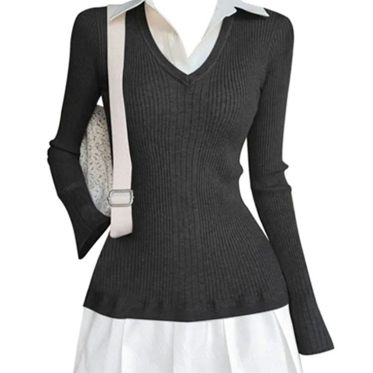 Autumn And Winter Preppy Style Fake Two-piece Mini Knitted Shirt