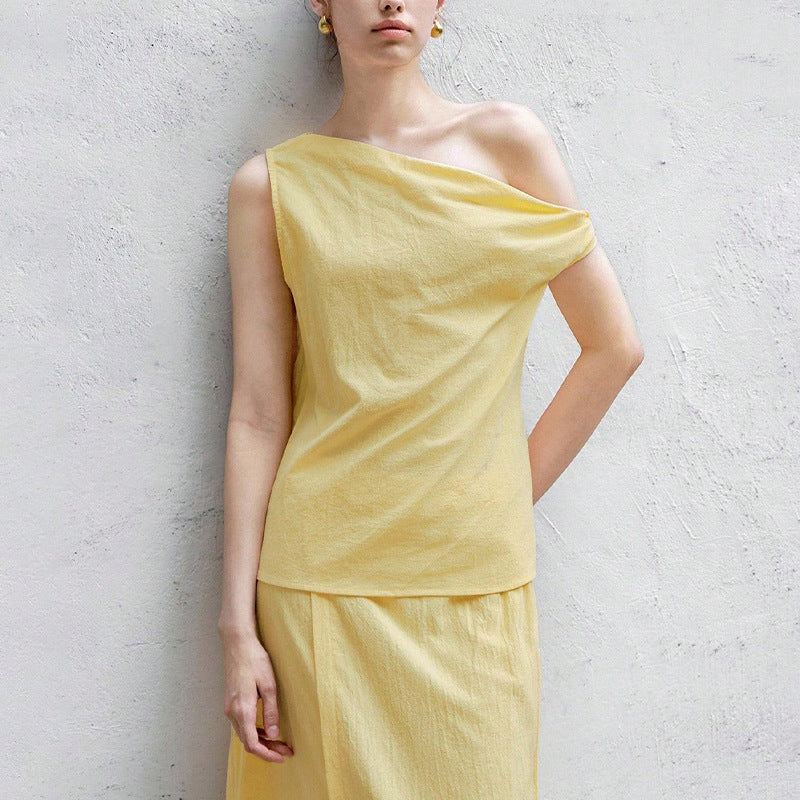 Shoulder Sleeveless Top Straight Skirt Suit Solid Color