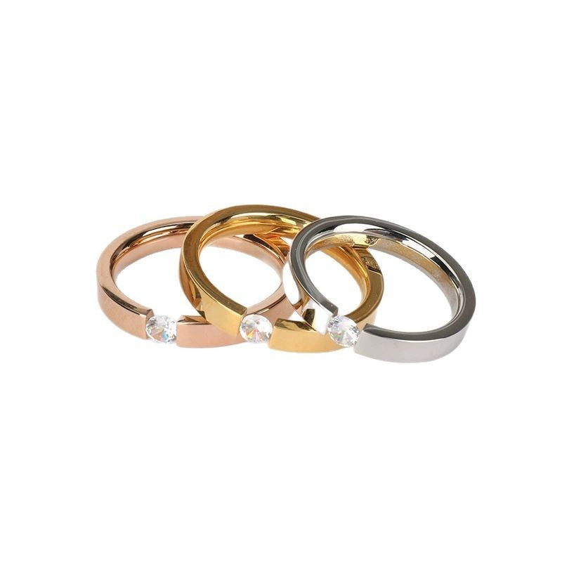 Zircon Titanium Steel Couple Diamond-studded Ring