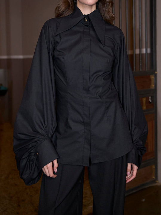 Black Oversized Collar Balloon Sleeve Shirt