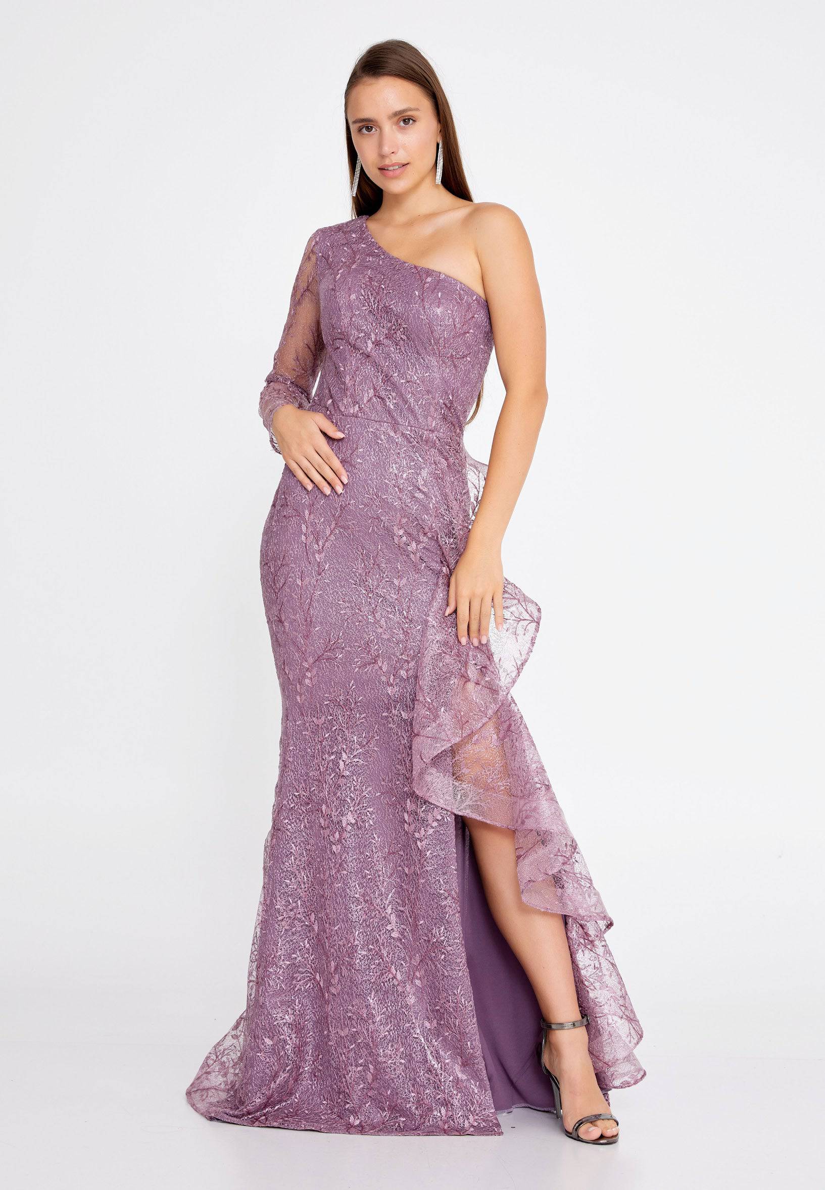 One Shoulder Maxi Lace Mermaid Regular Purple Wedding Guest Dress- Purple