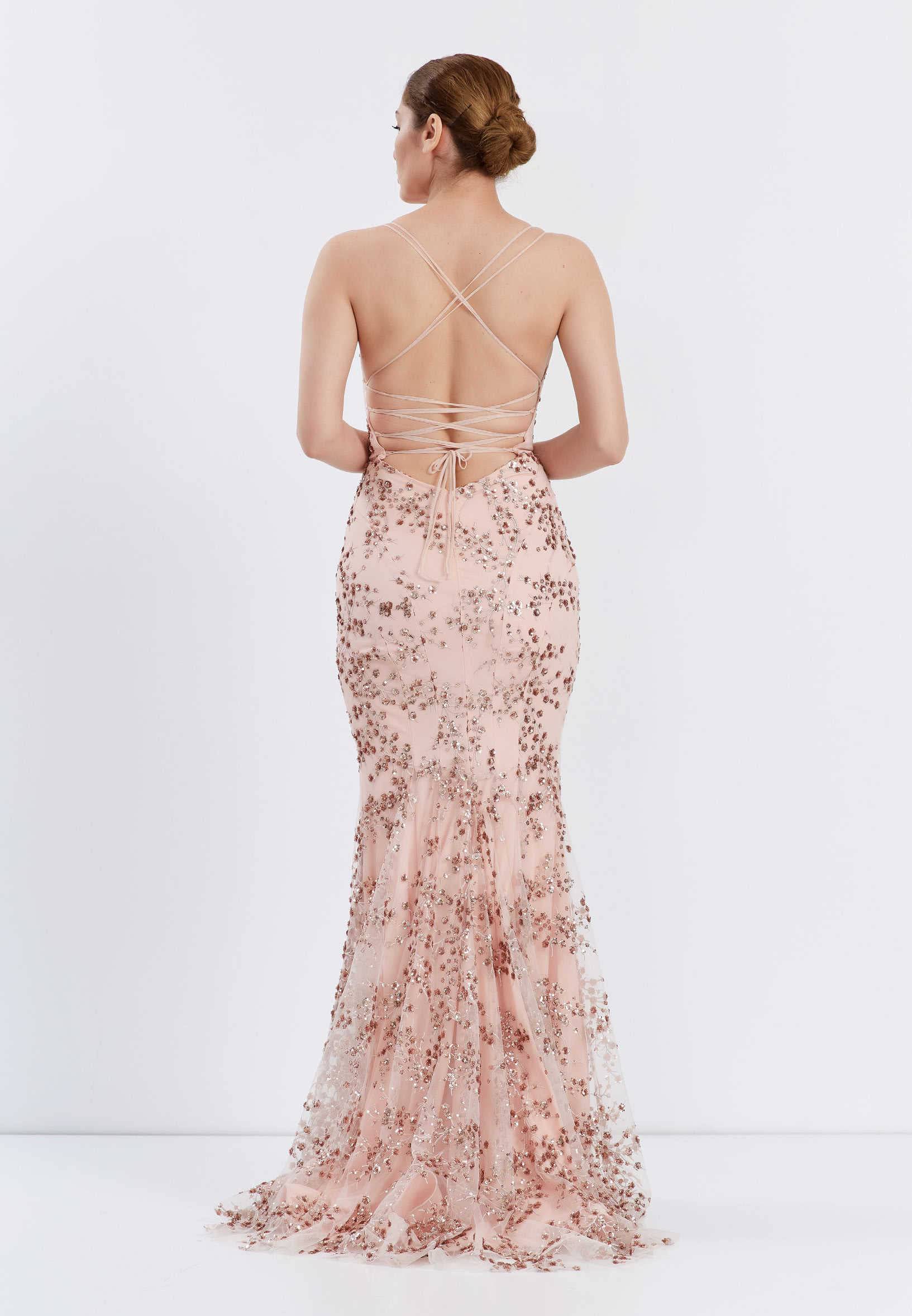 Backless Maxi Tulle Floral Sequins Mermaid Wedding Guest Dress - Rose Gold
