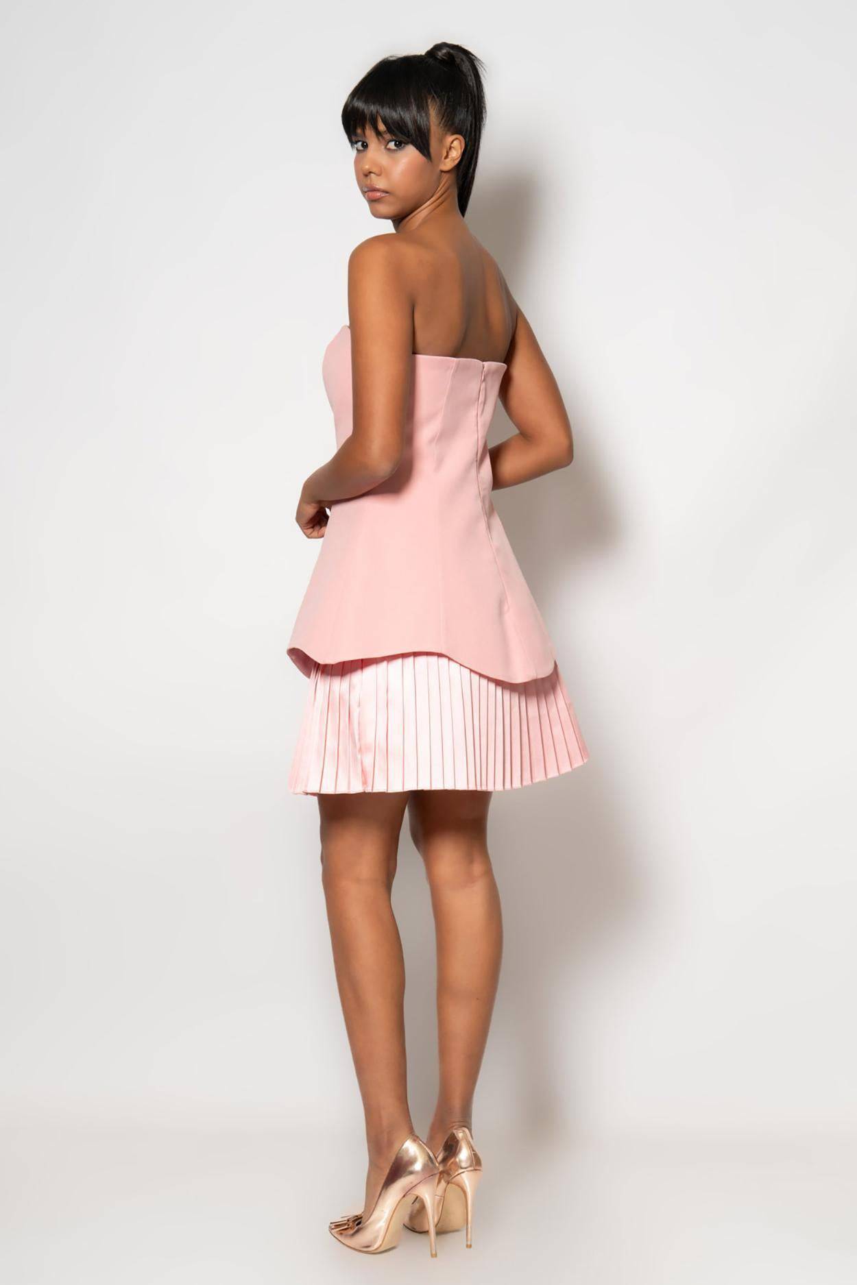 Layered Pleated Double skirt Strapless Knee Length Dress - Pink