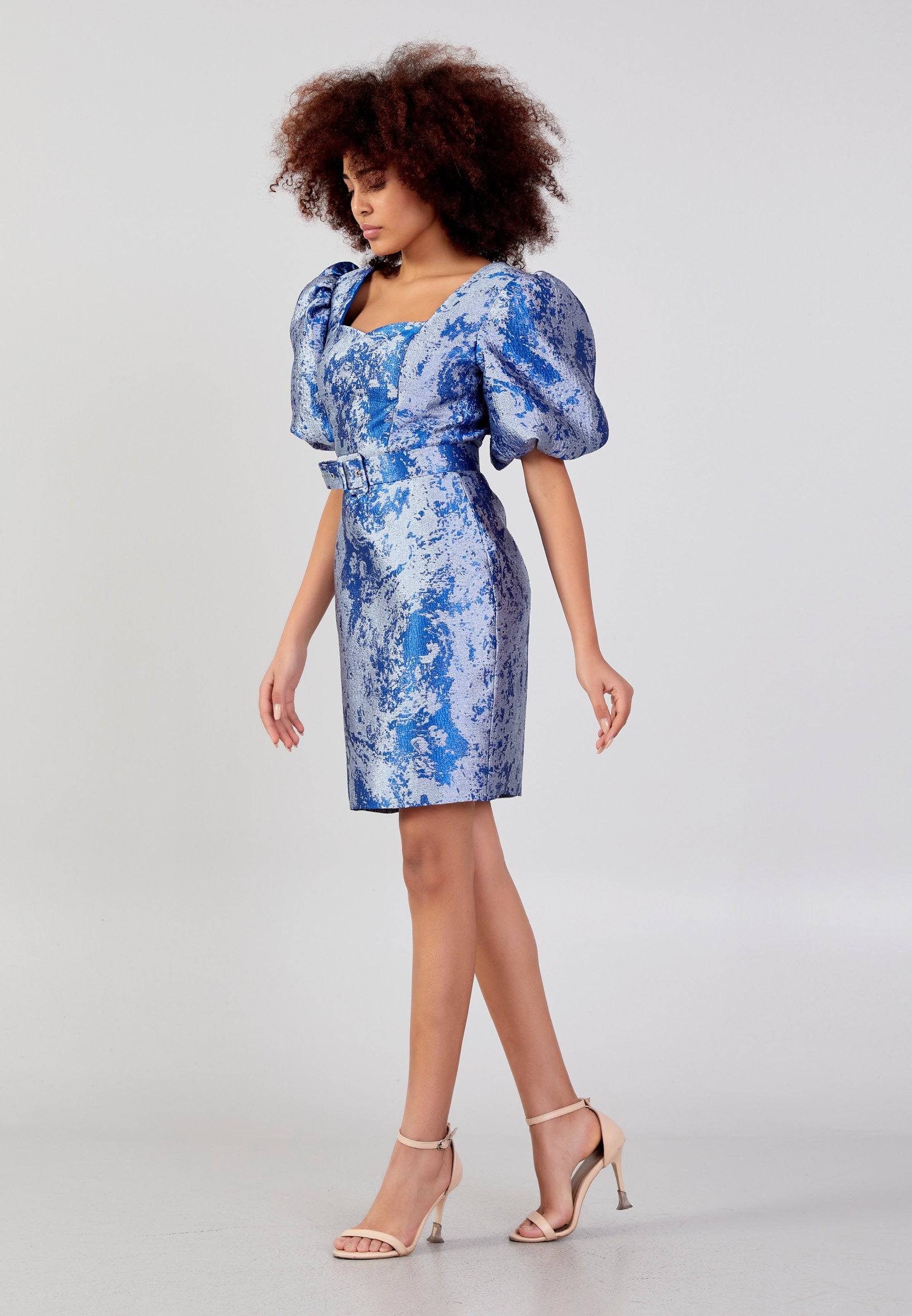 Short Puffy Sleeve Mini Column Cocktail Dress - Silver Blue