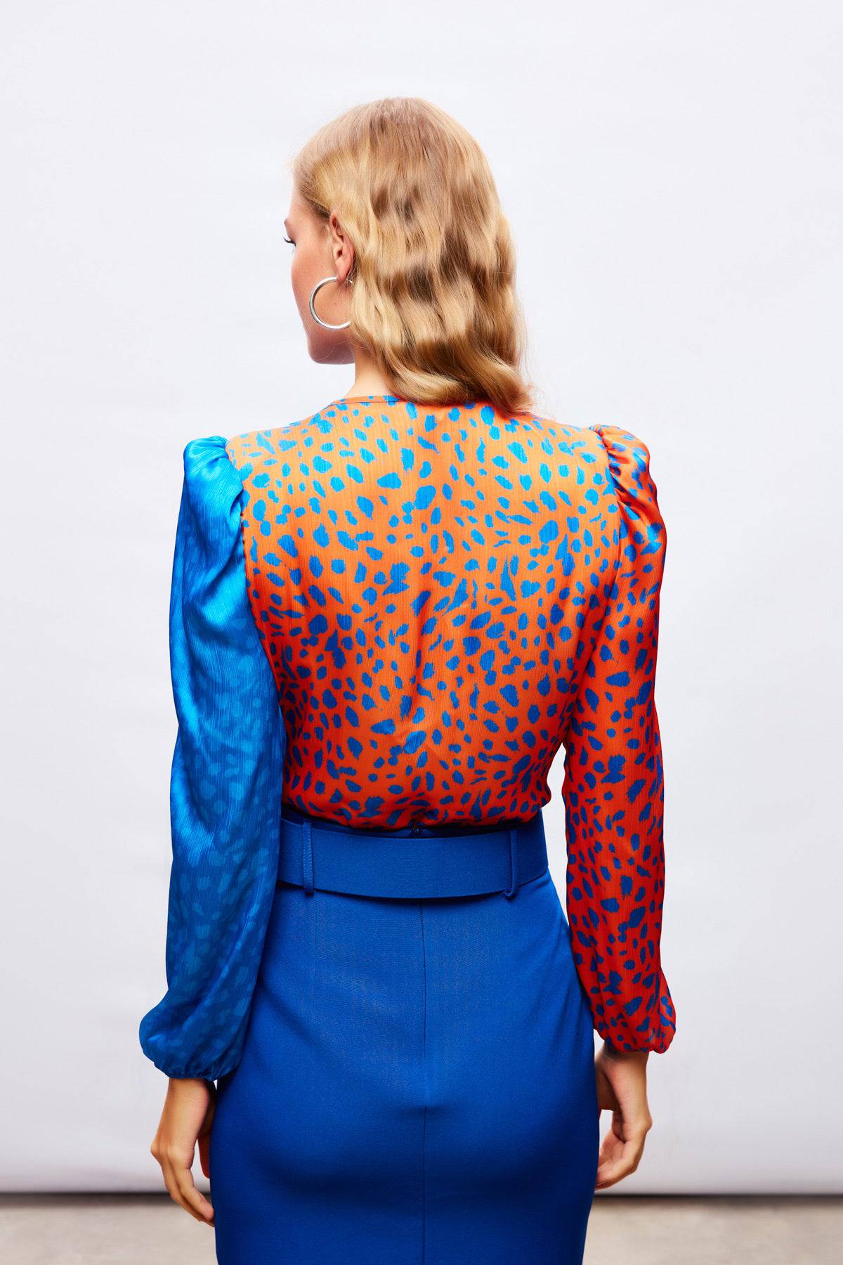 Silk Double-Breasted Patterned Bodysuit -  Blue and Orange