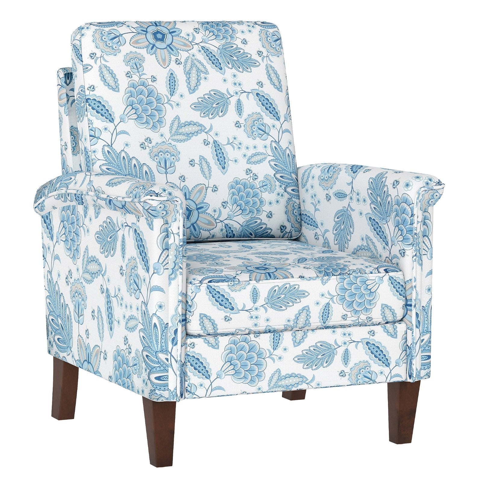 Floral Accent Chair Farmhouse Boho Armchair with Solid Wood Legs and High Back-Blue