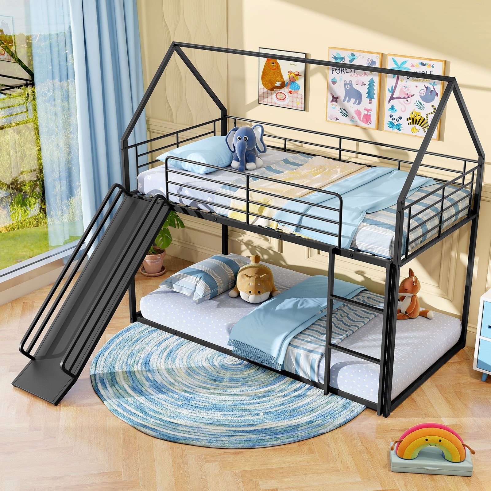 House-shaped Metal Twin Over Twin Low Bunk Bed-Black