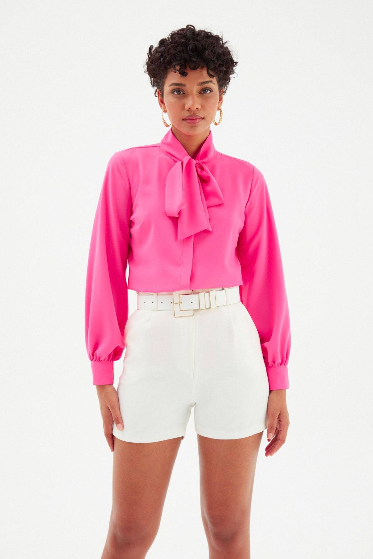 Tied Collar Plain Long Sleeve Shirt - Hot Pink