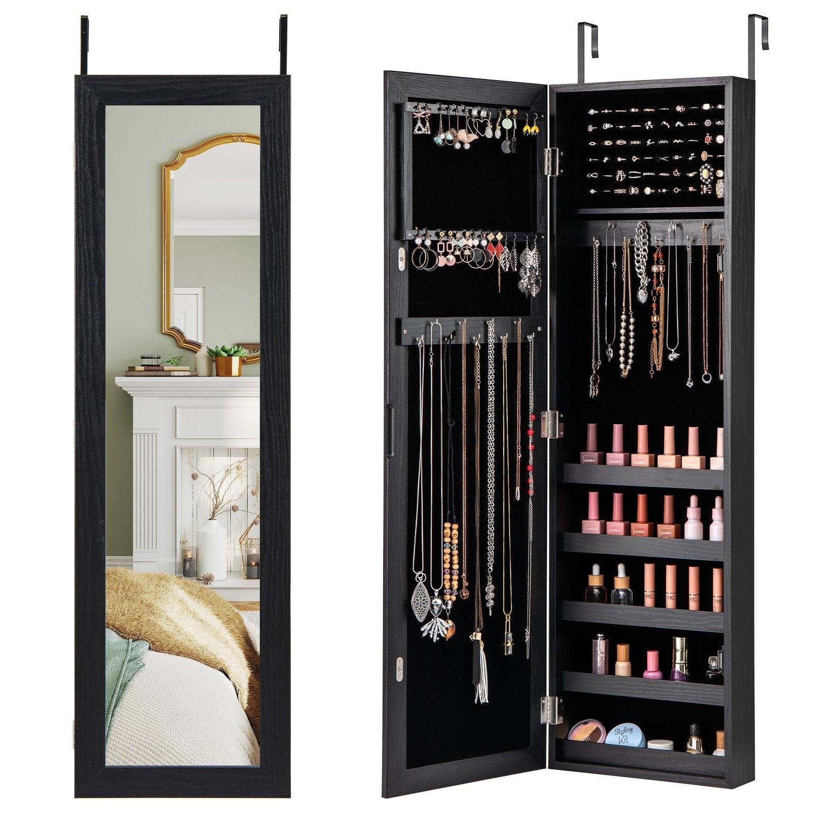 Jewelry Cabinet Wall or Door Mounted Jewelry Armoire with Full-Length Mirror-Black