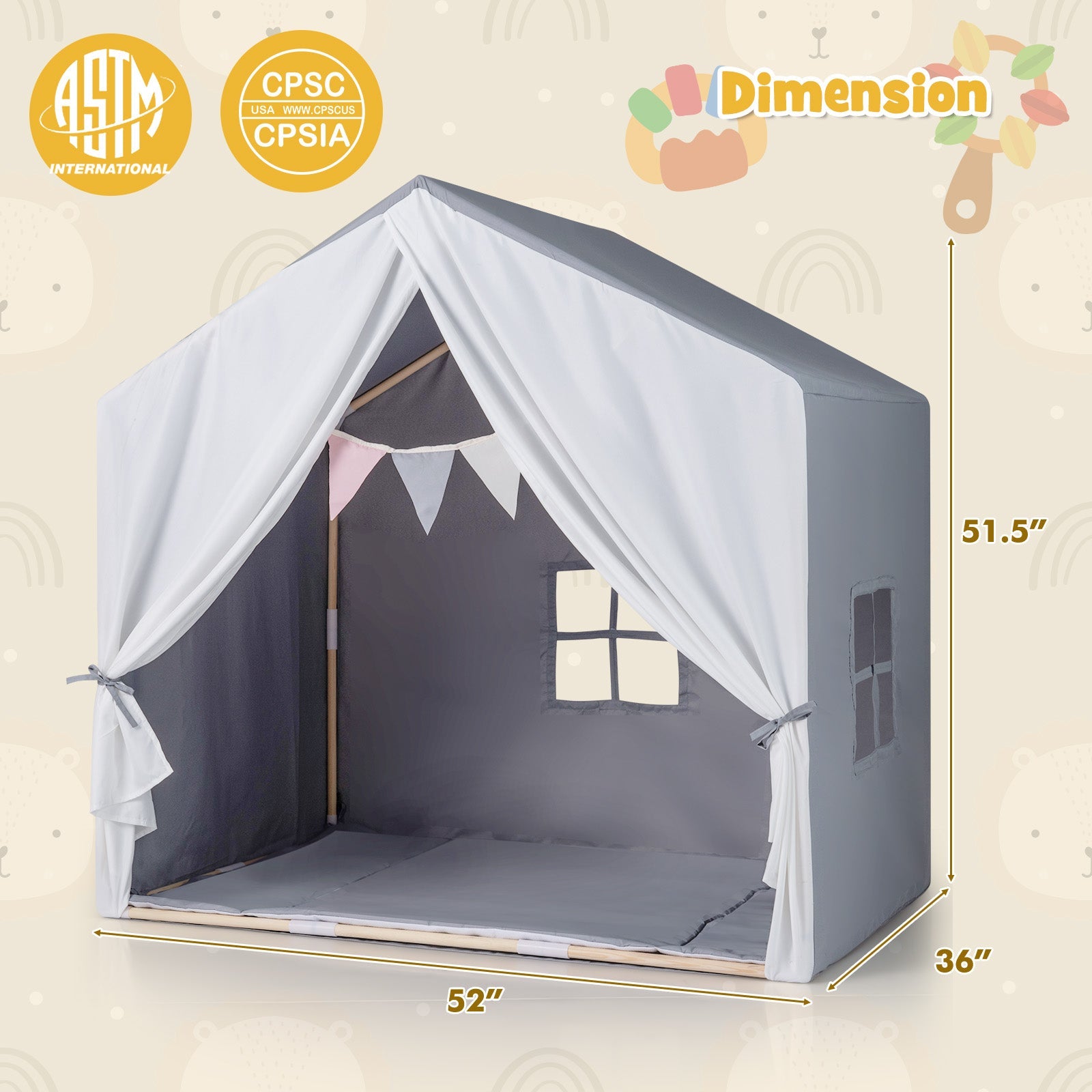 Kid's Play Tent with Washable Cotton Mat and Flag Banner-Gray
