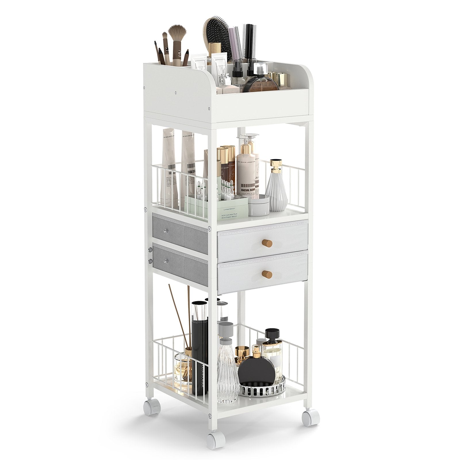 Makeup Organizer Floor Skincare Organizer Cart with Drawers and Storage Shelves-White