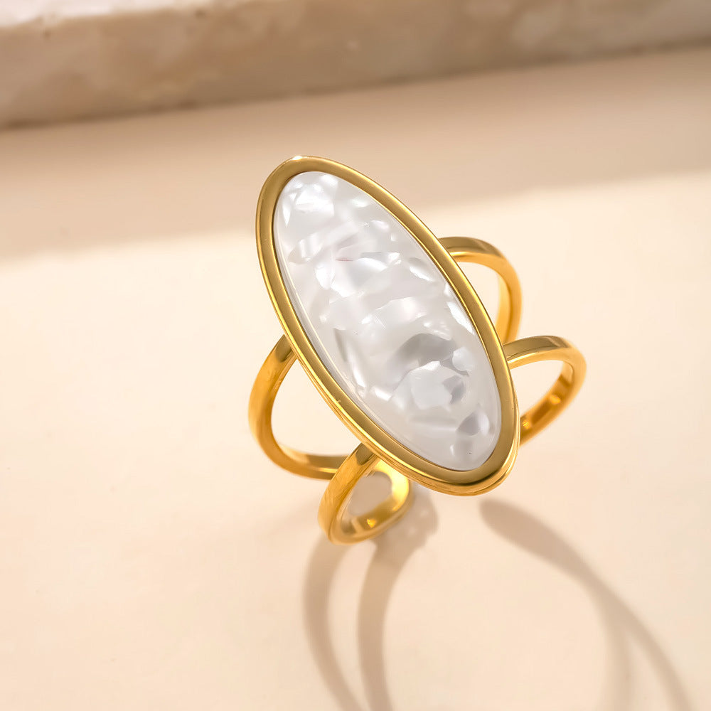 Hydraulic Oval Natural Stone Stainless Steel Ring Simple