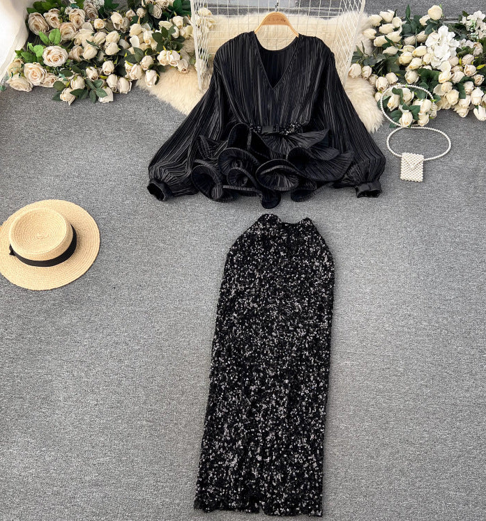 Women's Waist Trimming Ruffles Top Sequined Skirt
