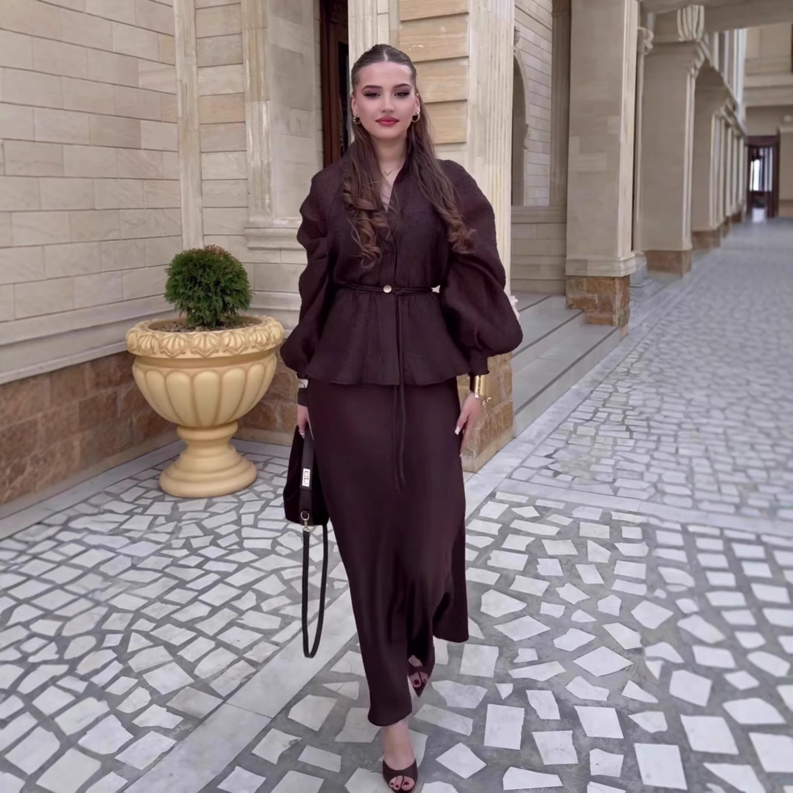 Elegant V-neck Waist-controlled Long Sleeves Cardigan Top High Waist Mid-length Dress Set