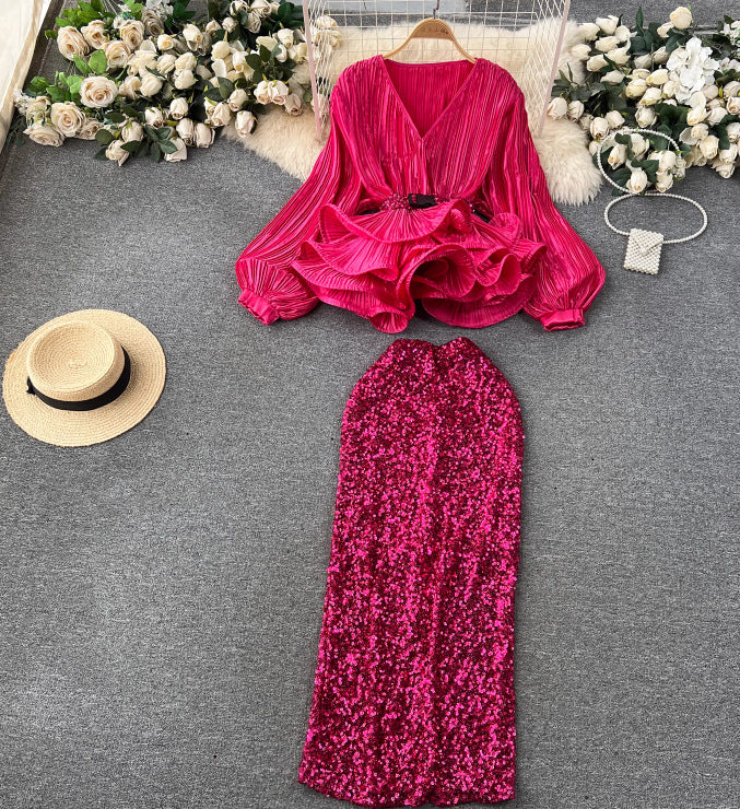 Women's Waist Trimming Ruffles Top Sequined Skirt