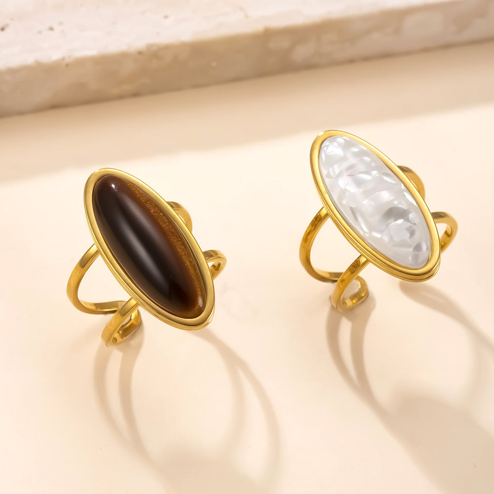 Hydraulic Oval Natural Stone Stainless Steel Ring Simple