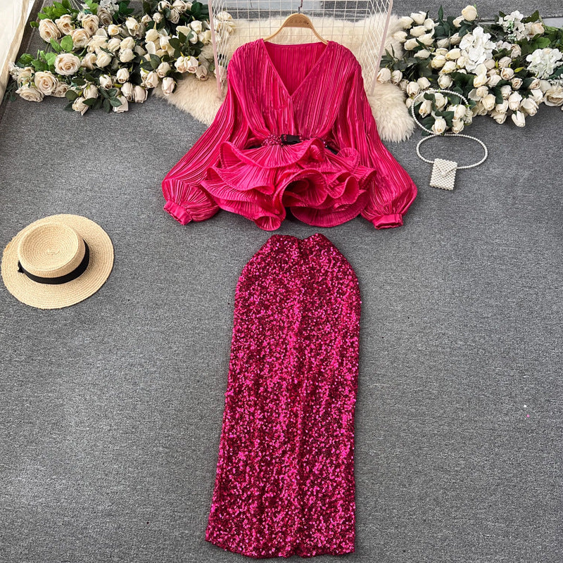 Women's Waist Trimming Ruffles Top Sequined Skirt
