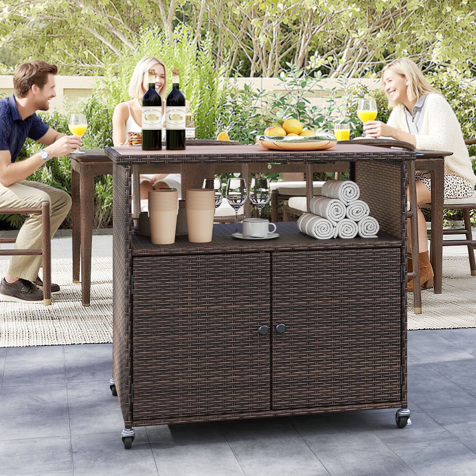 Outdoor Storage Cabinet with Acacia Wood Top and Lockable Wheels