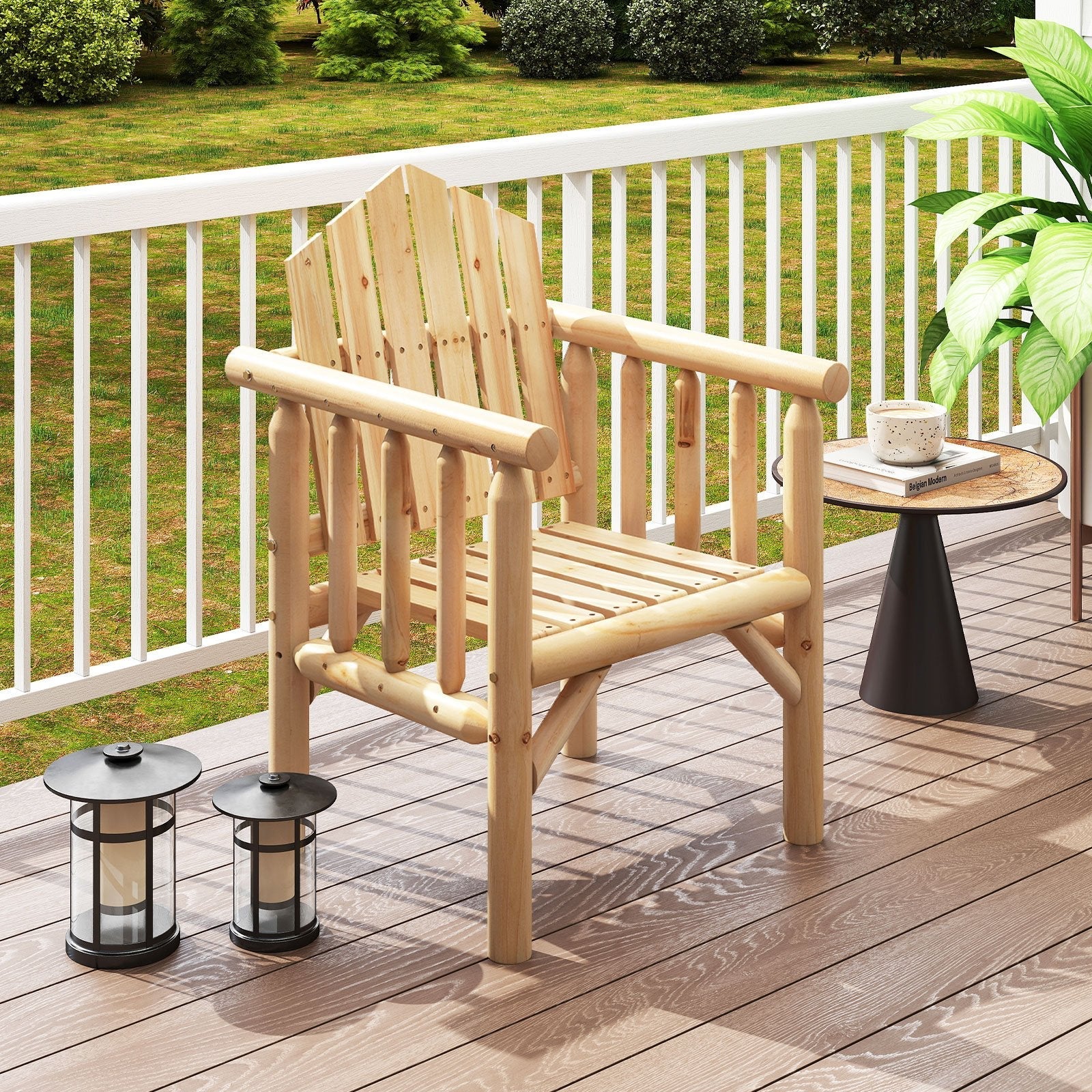 Outdoor Wood Armchair Wooden Patio Dining Chair with Armrests-Brown