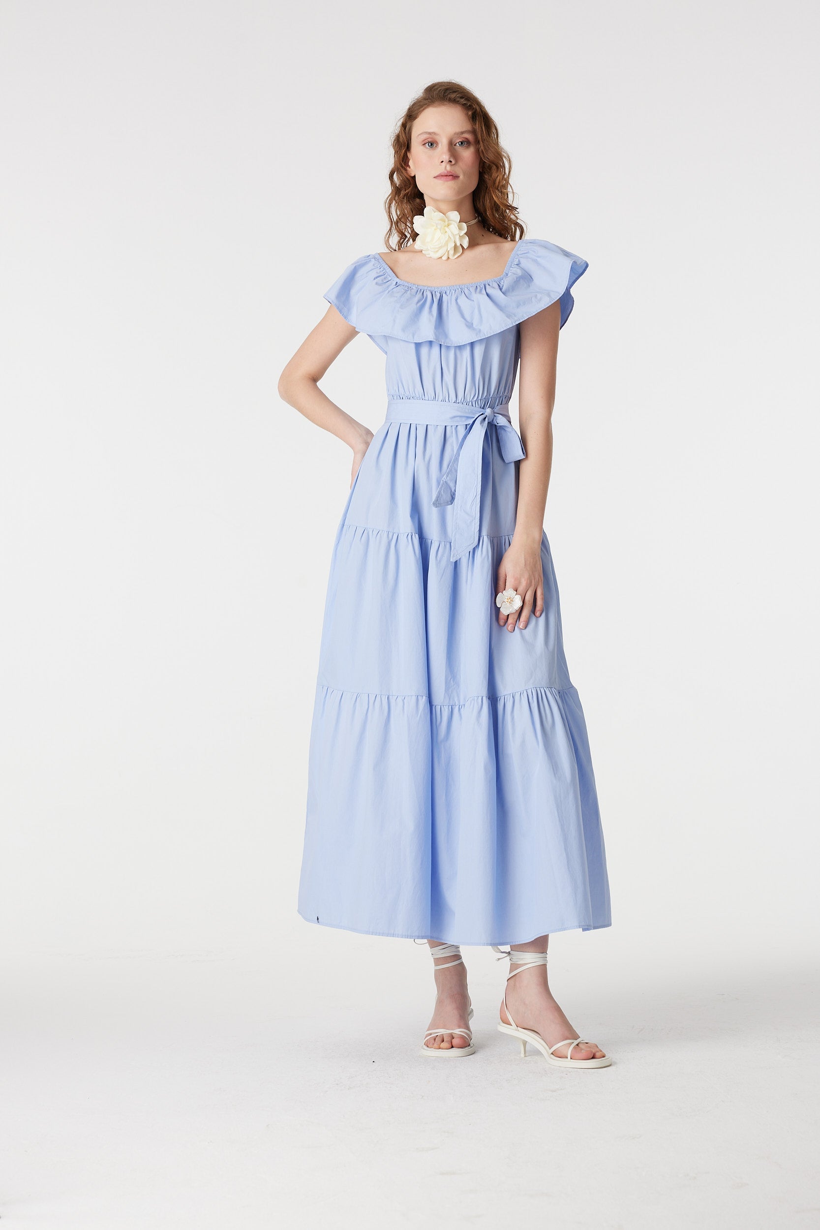 Baby Blue Cotton Off-Shoulder Tiered Maxi Dress