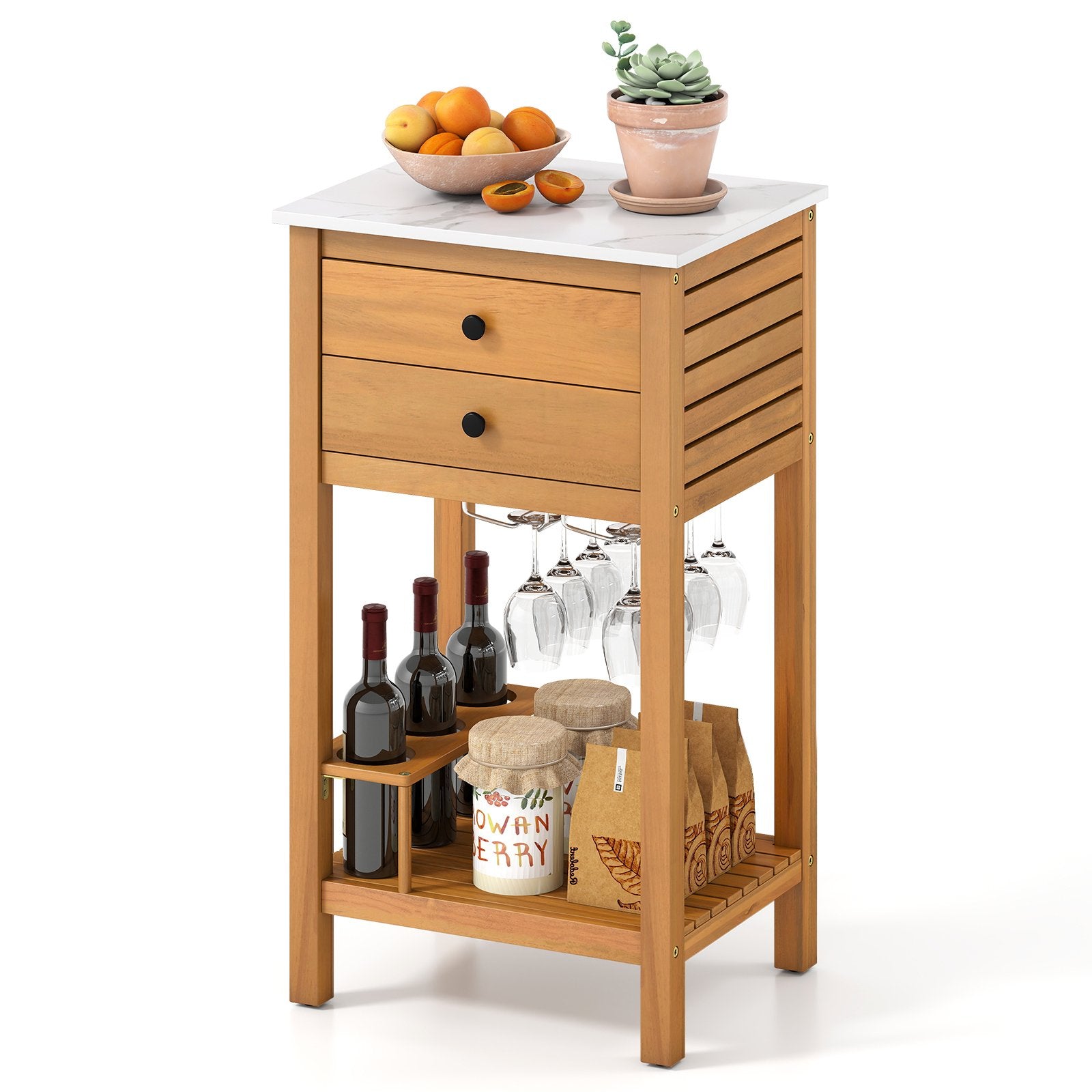 Patio Acacia Wood Storage Cabinet Patio Buffet Cabinet Bar Table with Faux Marble Countertop