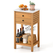 Patio Acacia Wood Storage Cabinet Patio Buffet Cabinet Bar Table with Faux Marble Countertop